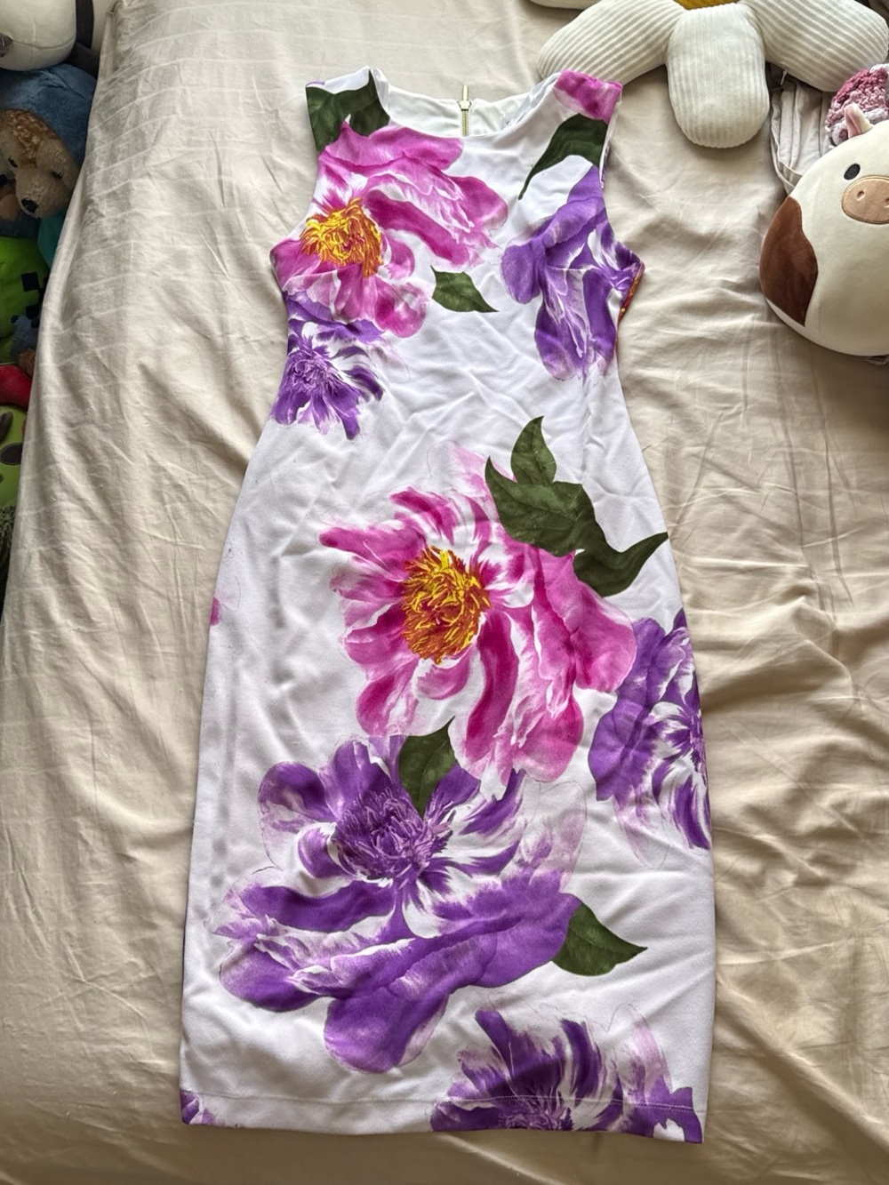 PremierAmour White Sheath Dress with Pink & Purple Floral Print